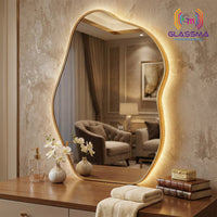 Modern Irregular LED Mirror | Backlit Golden Aluminum Frame Bathroom Wall Mirror