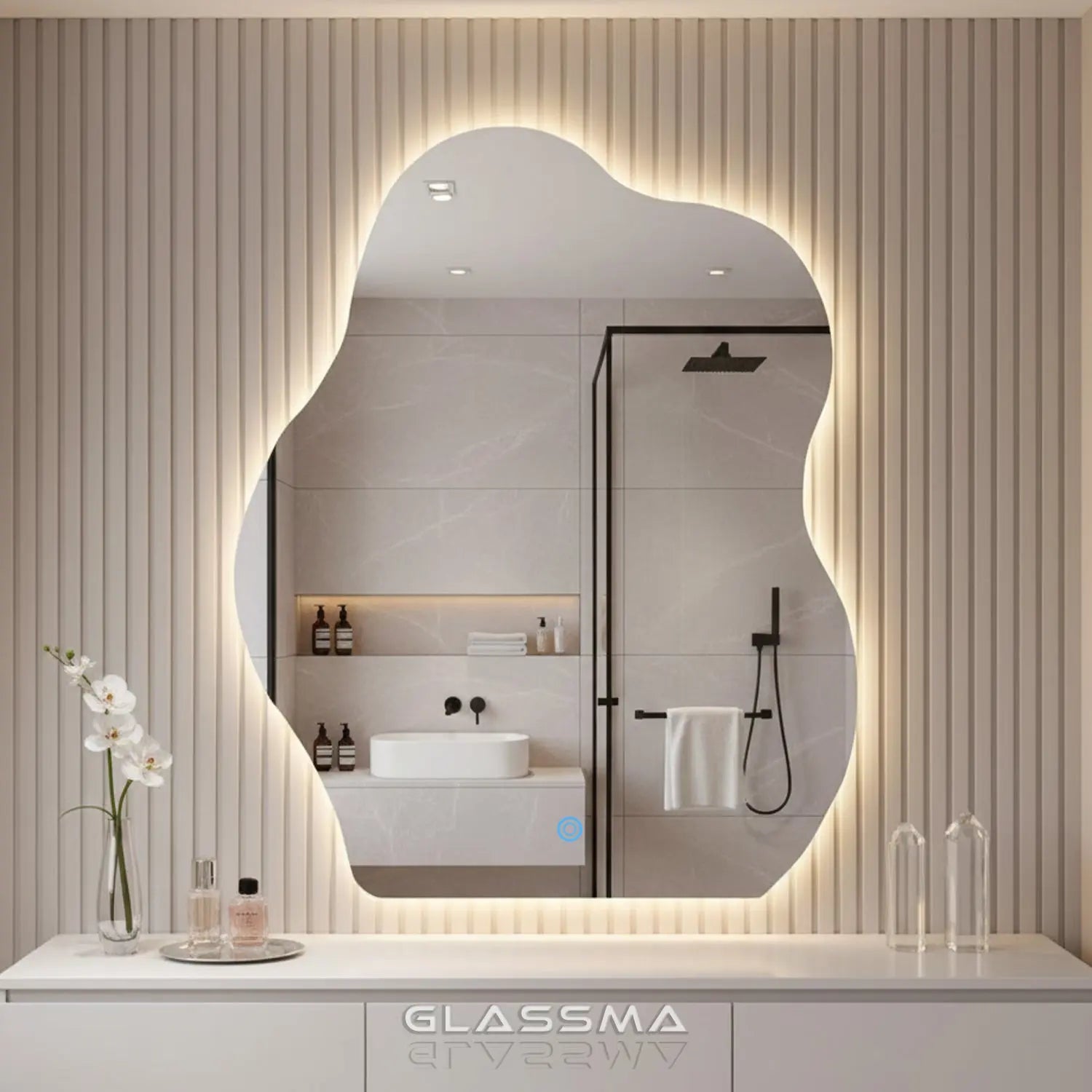Irregular LED Bathroom Mirror - Modern Wavy Design with Touch Control & Dimmable Backlight Glassma