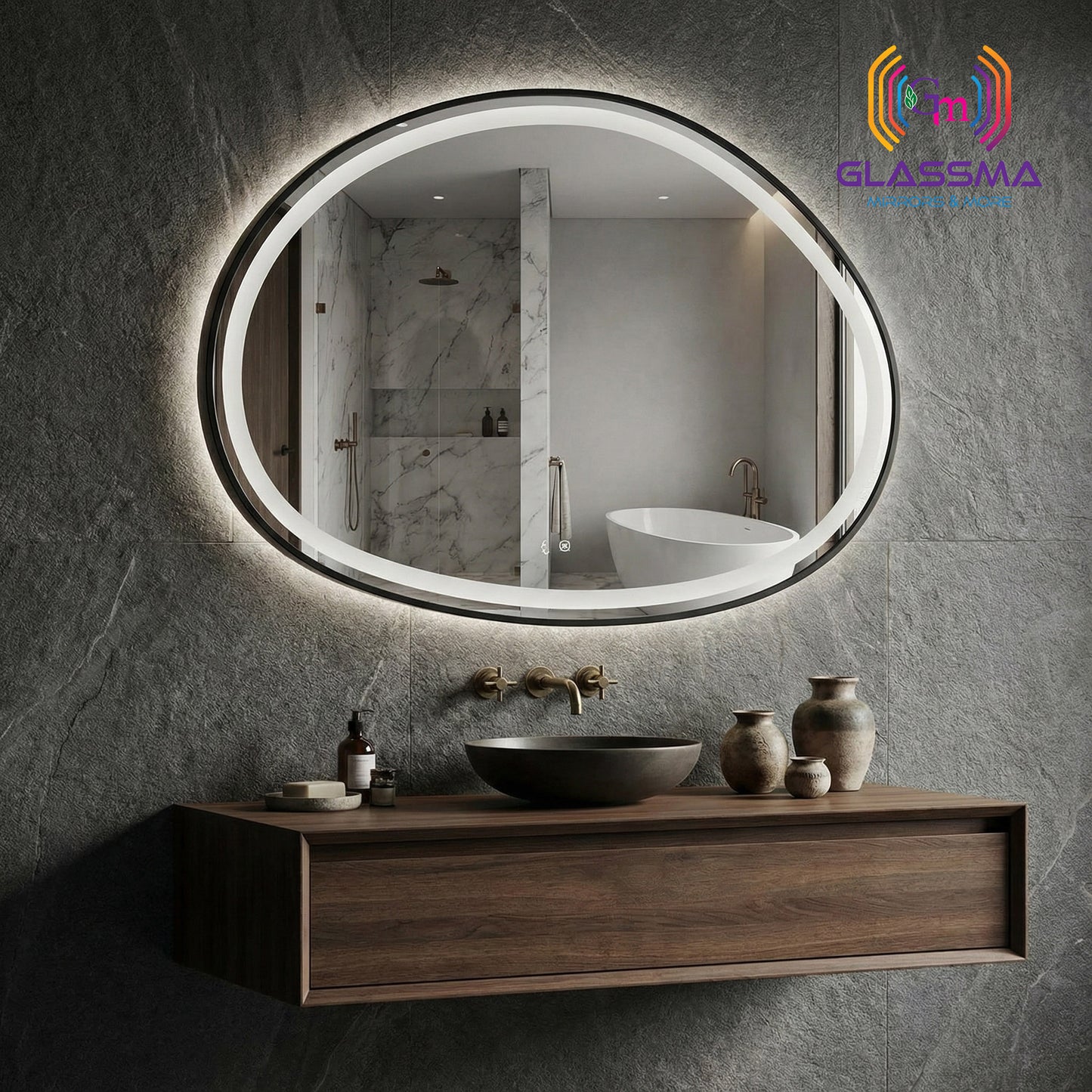 Modern Pebble Shape LED Mirror - Front-Lit Black Frame Bathroom Wall Mirror