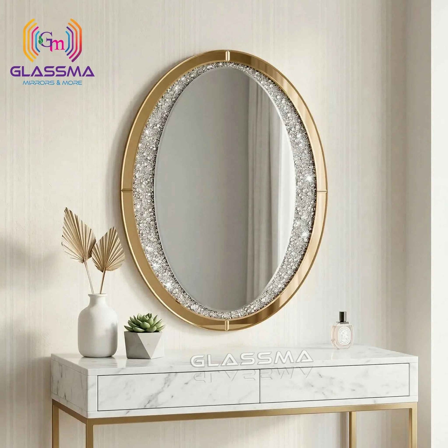 Diamond Oval Mirror - Decorative Gold Frame Wall Mirror with Crystal Accent - Glassma