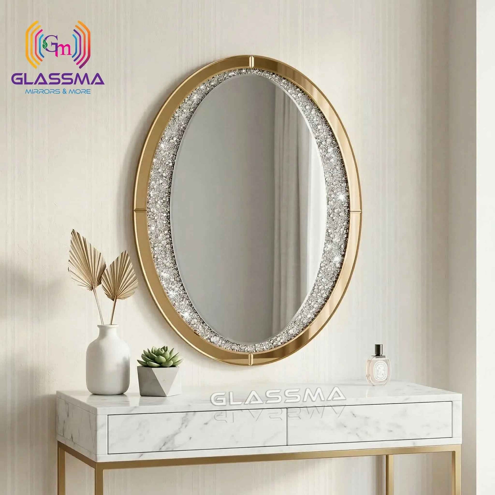 Diamond Oval Mirror - Decorative Gold Frame Wall Mirror with Crystal Accent - Glassma