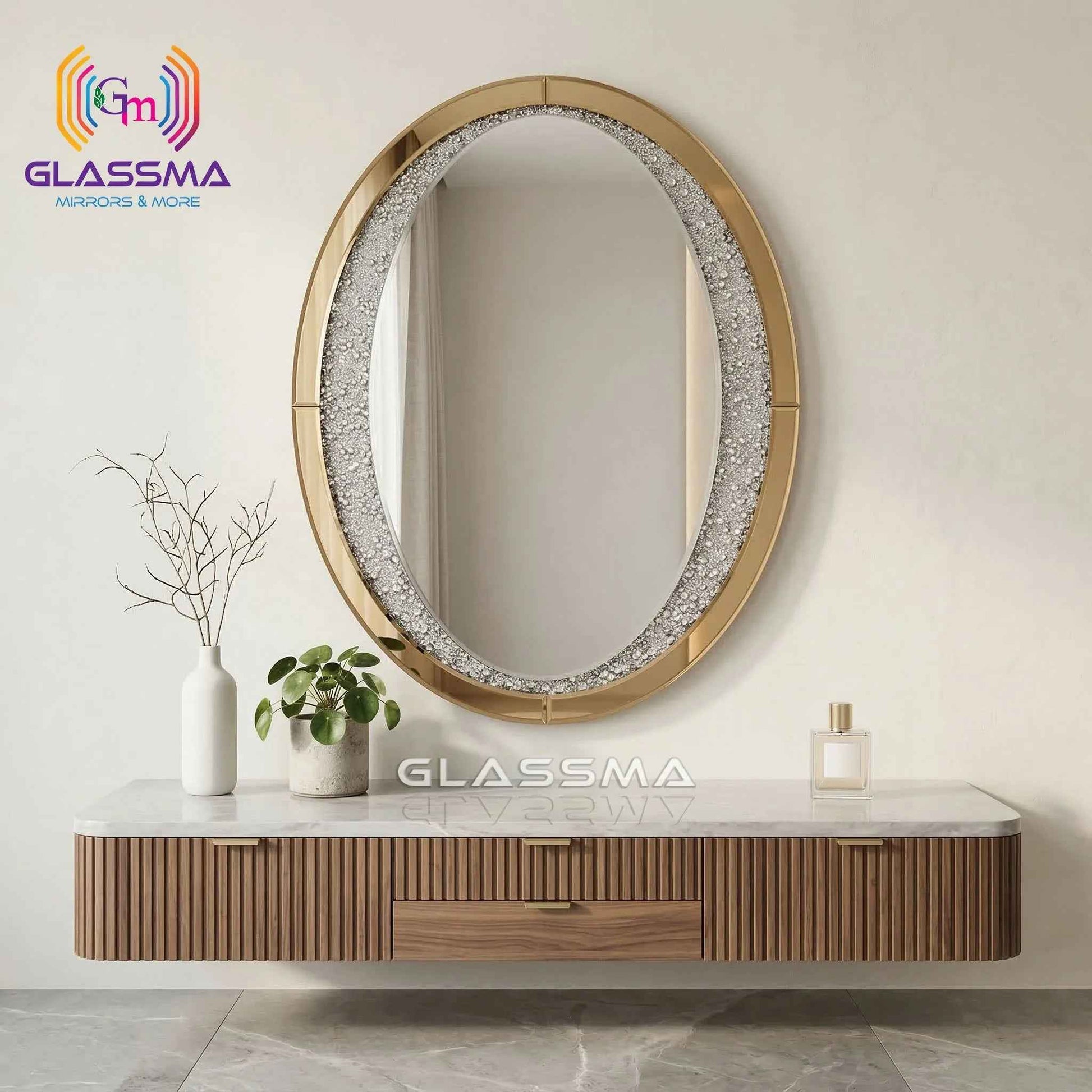 Diamond Oval Mirror - Decorative Gold Frame Wall Mirror with Crystal Accent - Glassma