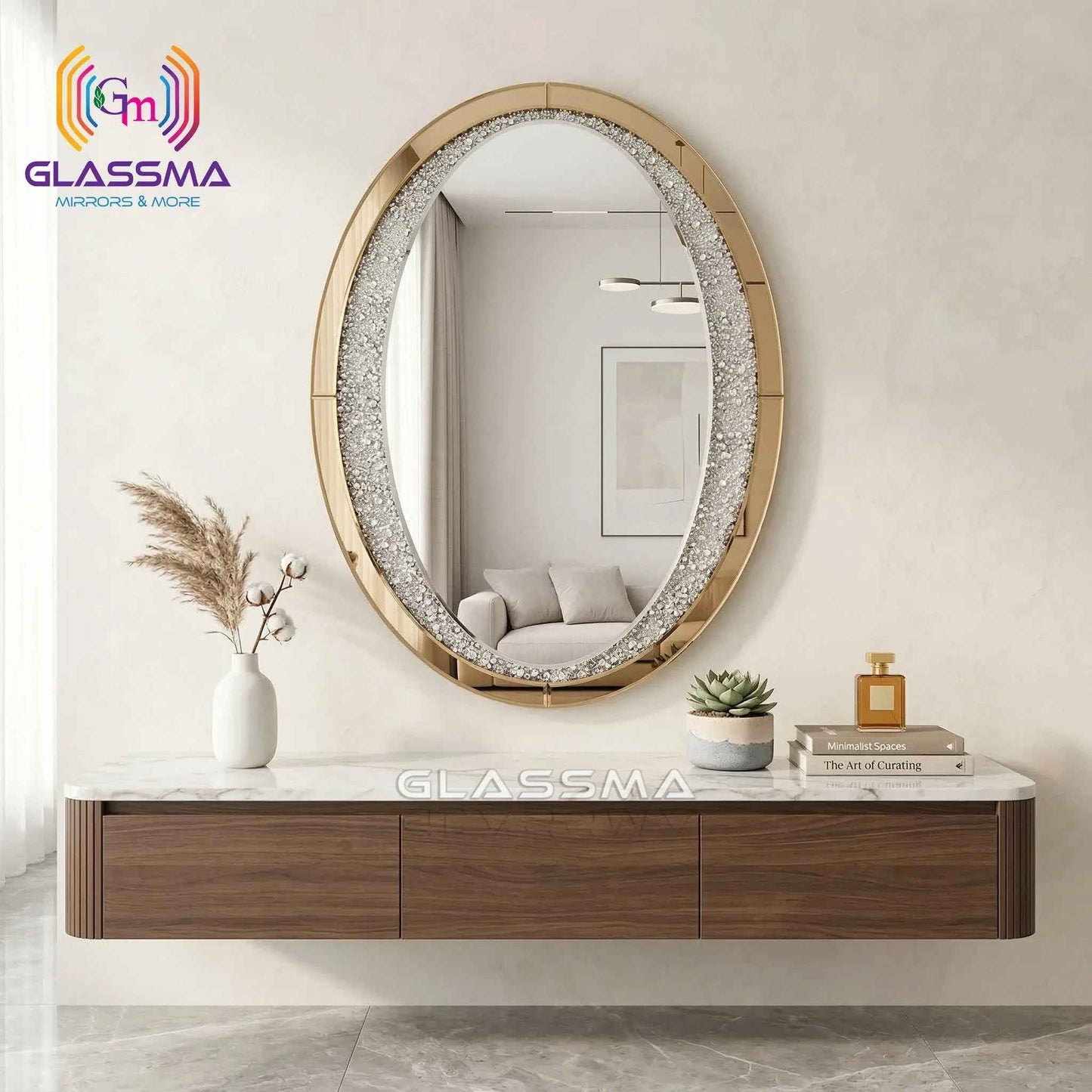 Diamond Oval Mirror - Decorative Gold Frame Wall Mirror with Crystal Accent - Glassma