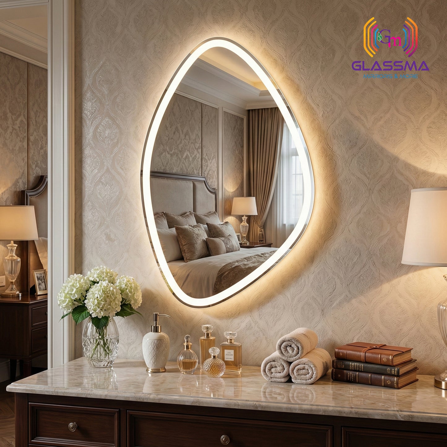 Oval Teardrop LED Wall Mirror - Dimmable Vanity Mirror for Bedroom & Dressing Area