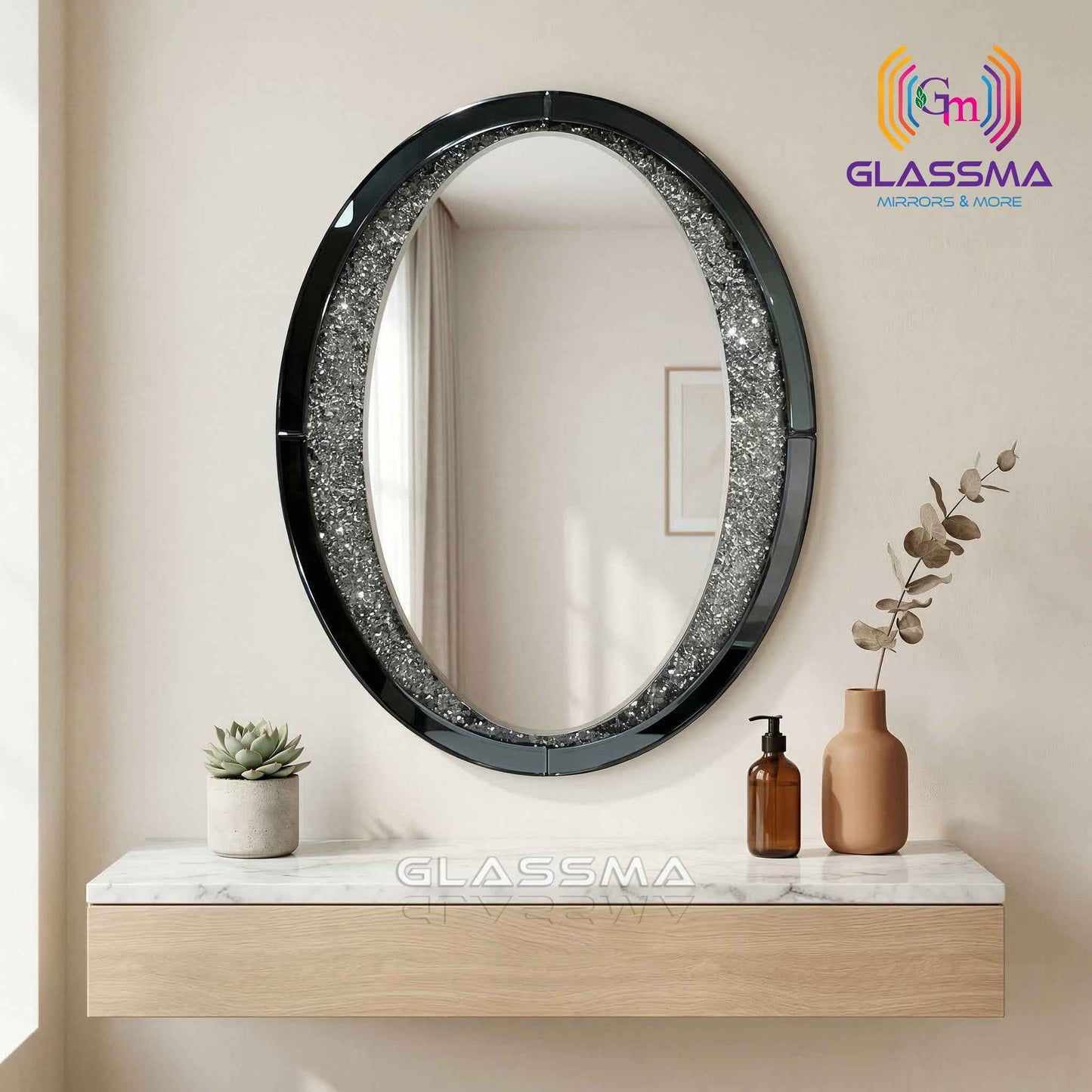 Diamond Oval Mirror - Decorative Black Frame Wall Mirror with Crystal Accent