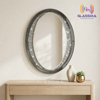 Diamond Oval Mirror - Decorative Black Frame Wall Mirror with Crystal Accent