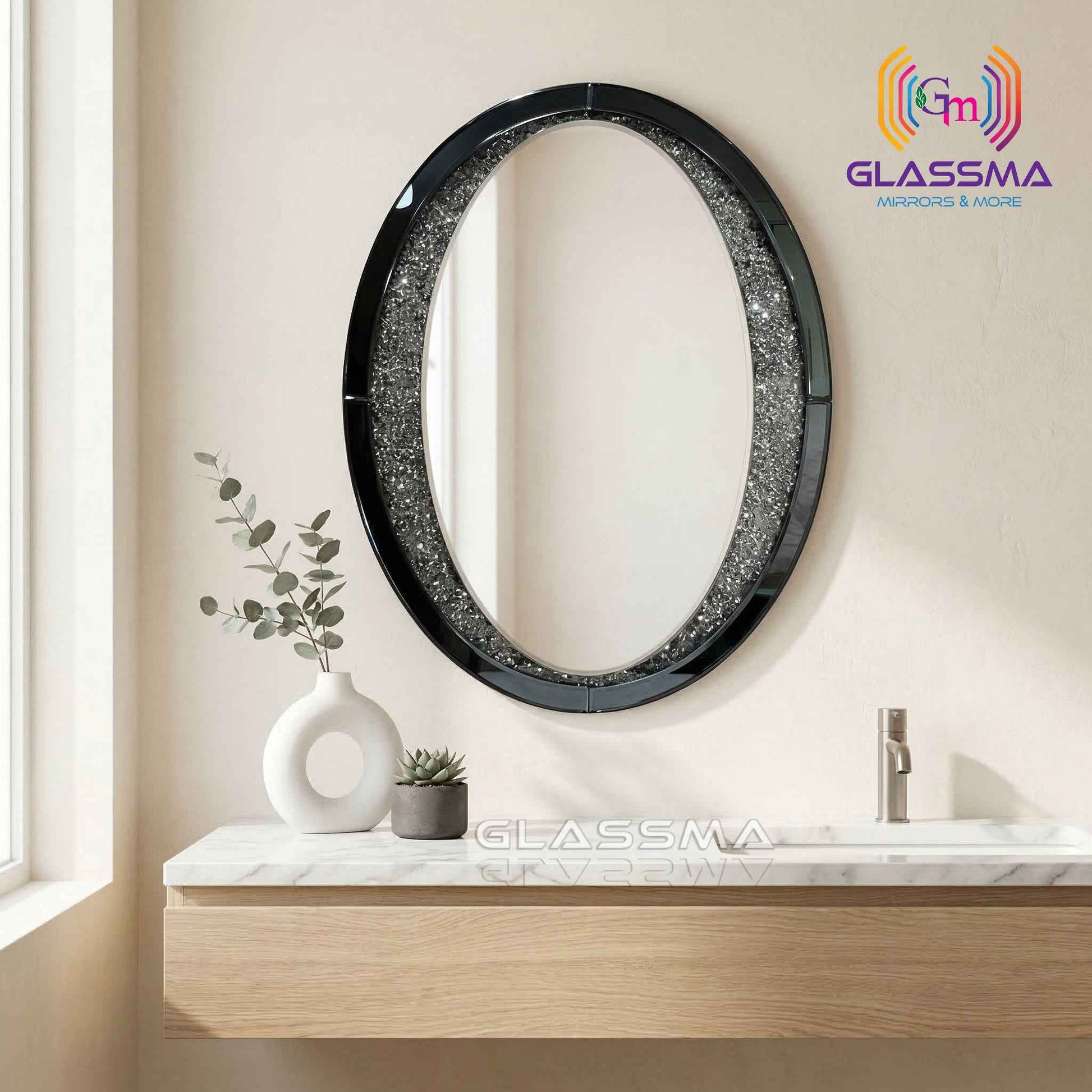 Diamond Oval Mirror - Decorative Black Frame Wall Mirror with Crystal Accent