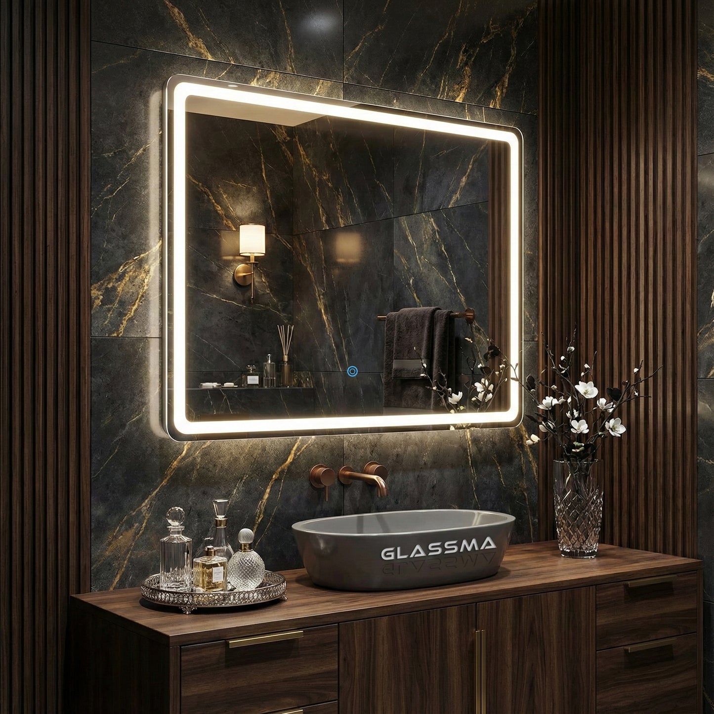 Rectangle LED Wall Mirror - Frameless Backlit Vanity Mirror with Rounded Corners & Touch Sensor Dimmable Lighting