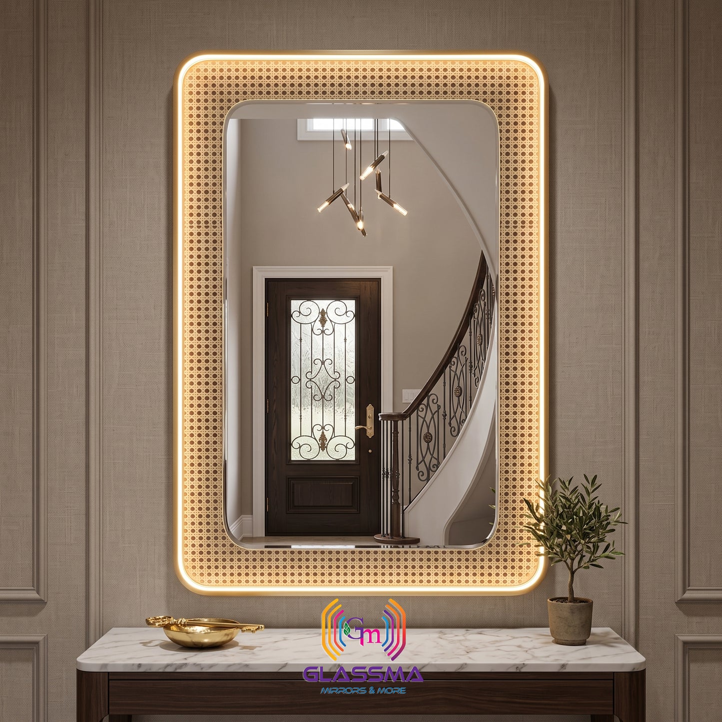 Rectangular Fusion Gold Framed LED Vanity Mirror with Woven Rattan Detail