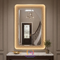 Rectangular Fusion Gold Framed LED Vanity Mirror with Woven Rattan Detail