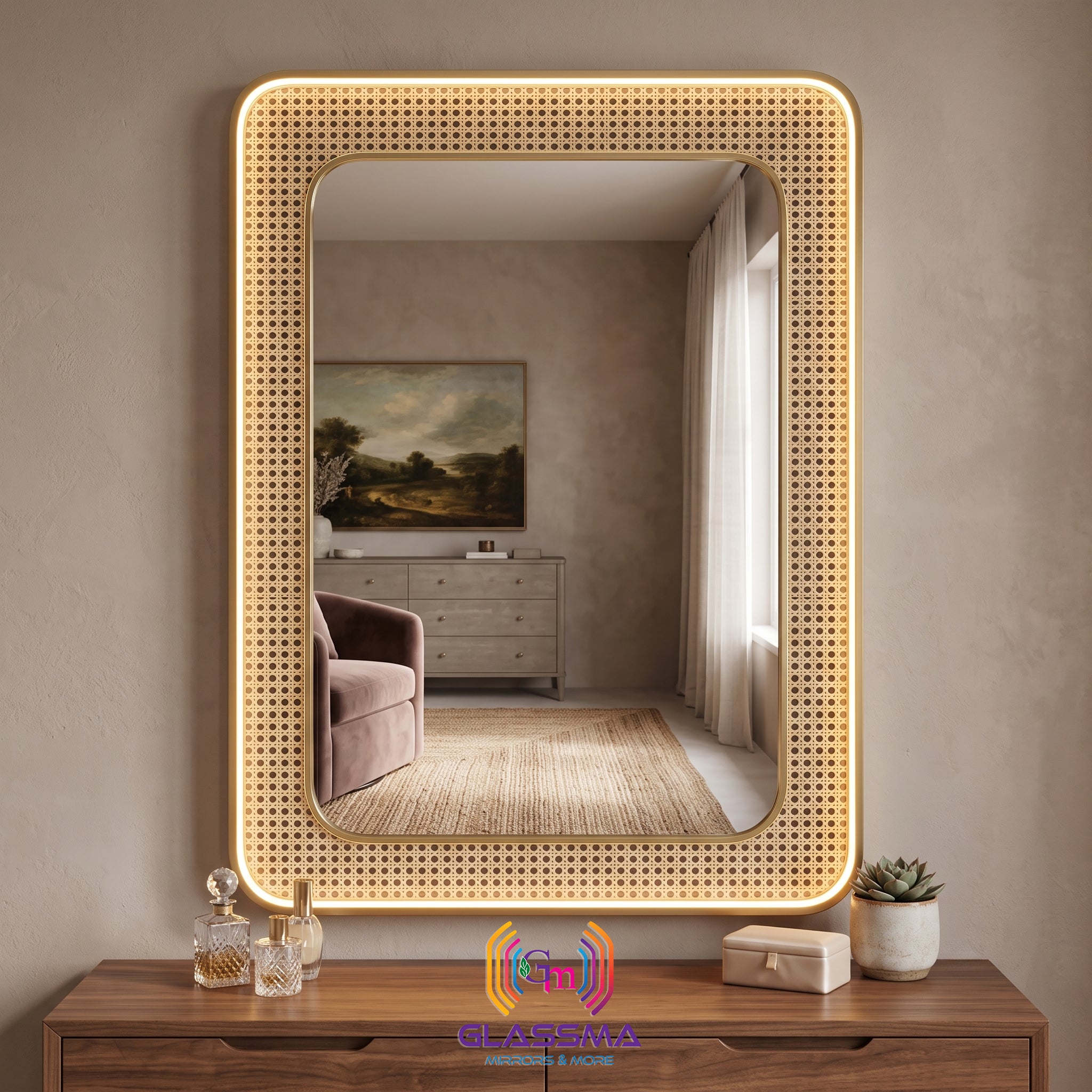 Rectangular Fusion Gold Framed LED Vanity Mirror with Woven Rattan Detail