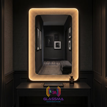 Rectangular Fusion Gold Framed LED Vanity Mirror with Woven Rattan Detail