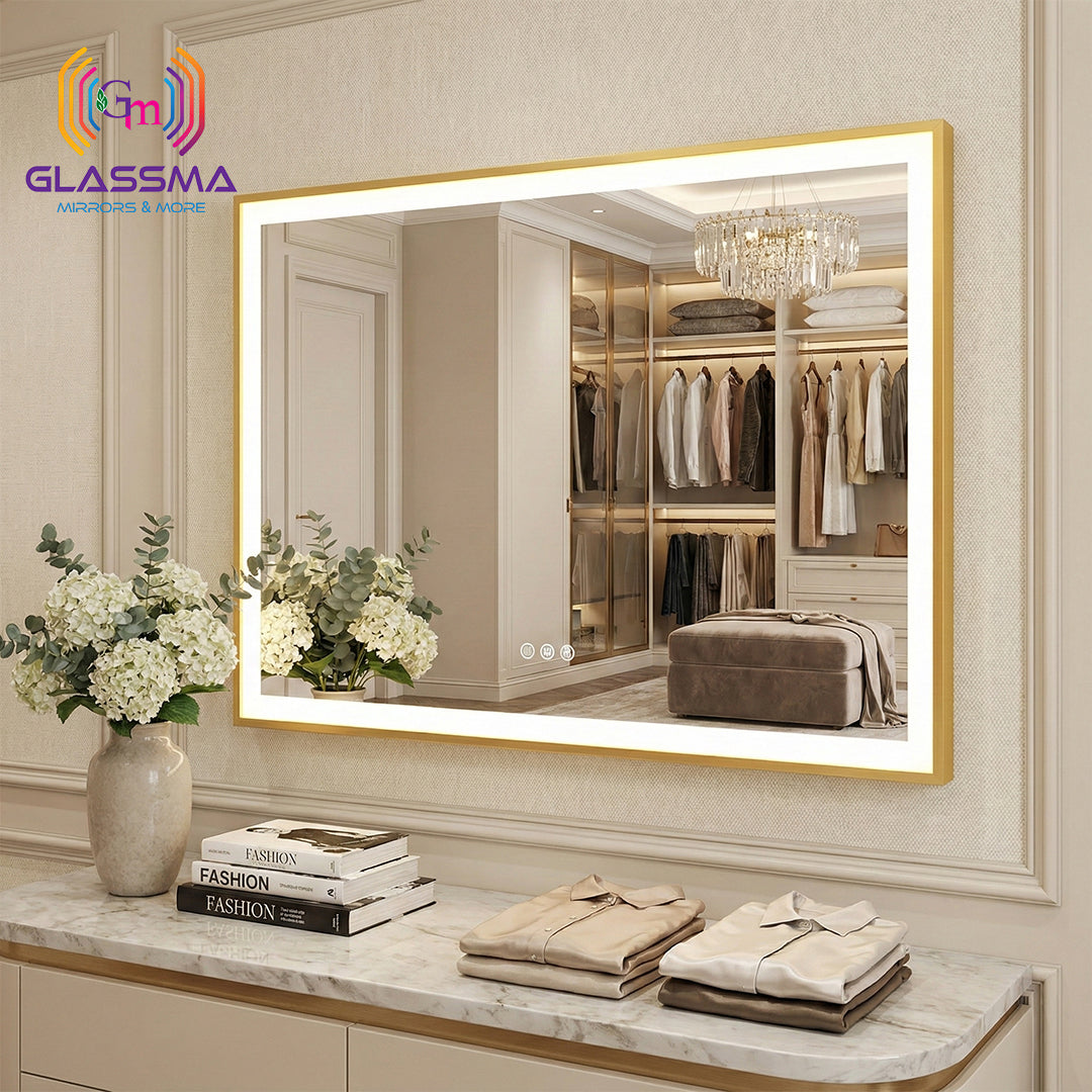 Rectangular Gold LED Bathroom Mirror | Front-Lit Vanity Mirror with Aluminum Frame