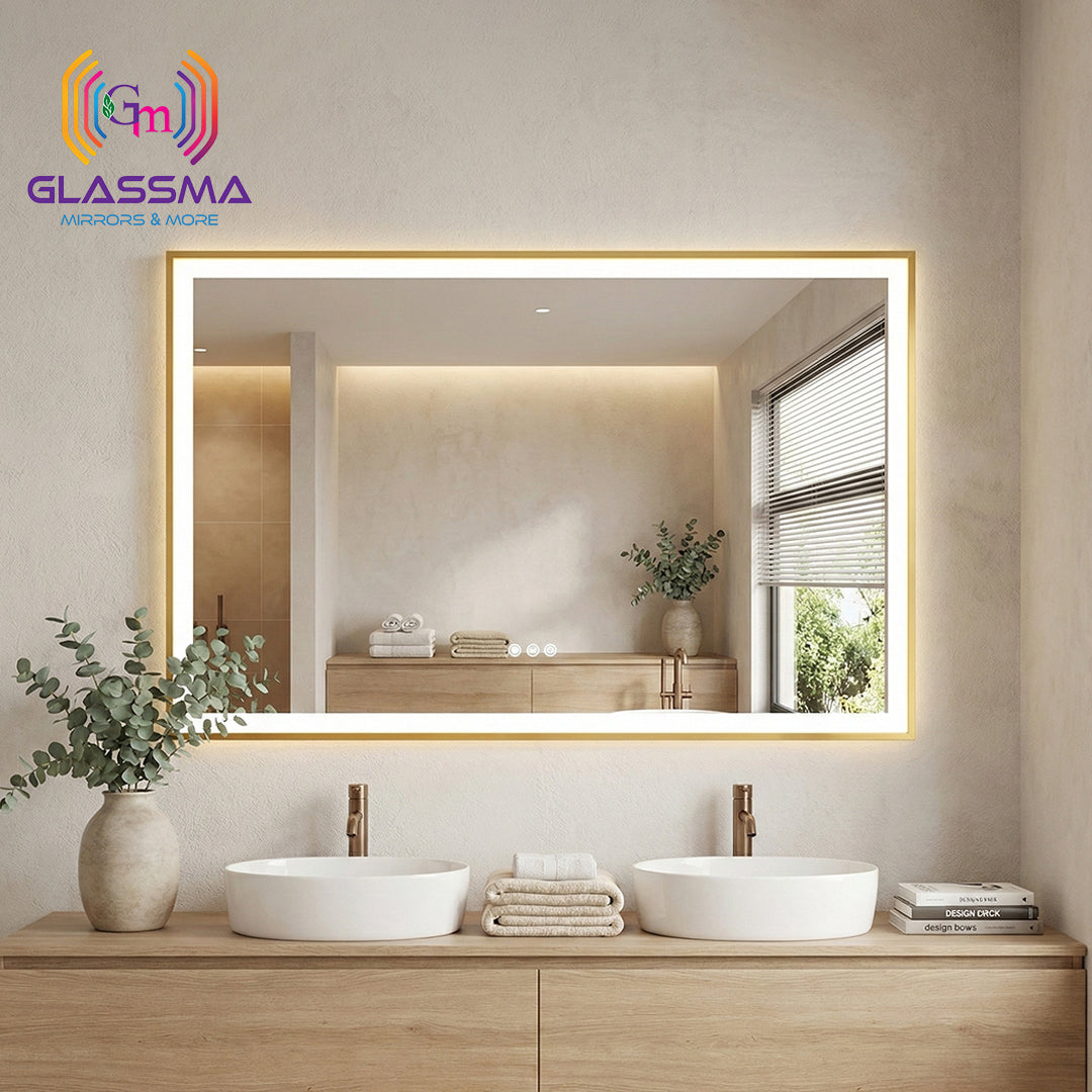 Rectangular Gold LED Bathroom Mirror | Front-Lit Vanity Mirror with Aluminum Frame Glassma