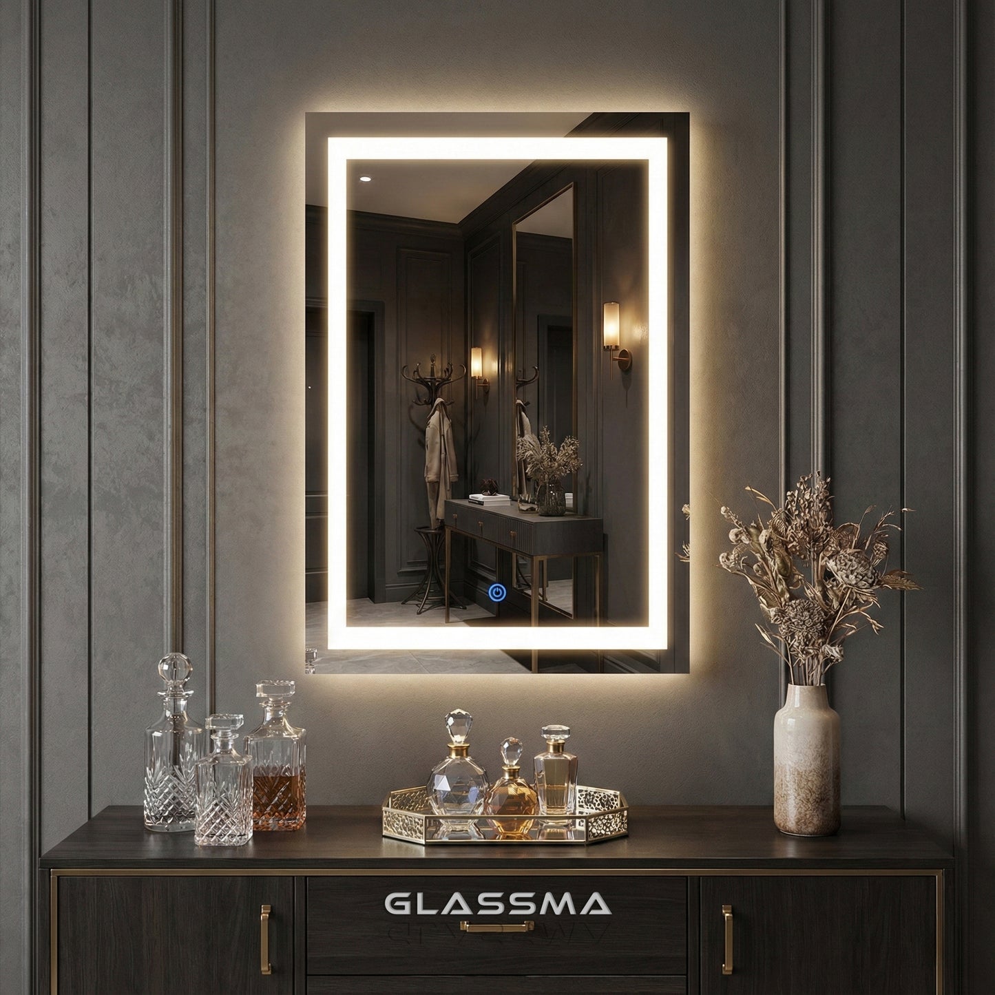 Rectangular LED Bathroom Mirror – Front & Backlit Wall-Mounted Vanity Mirror with Dimmable Touch Sensor