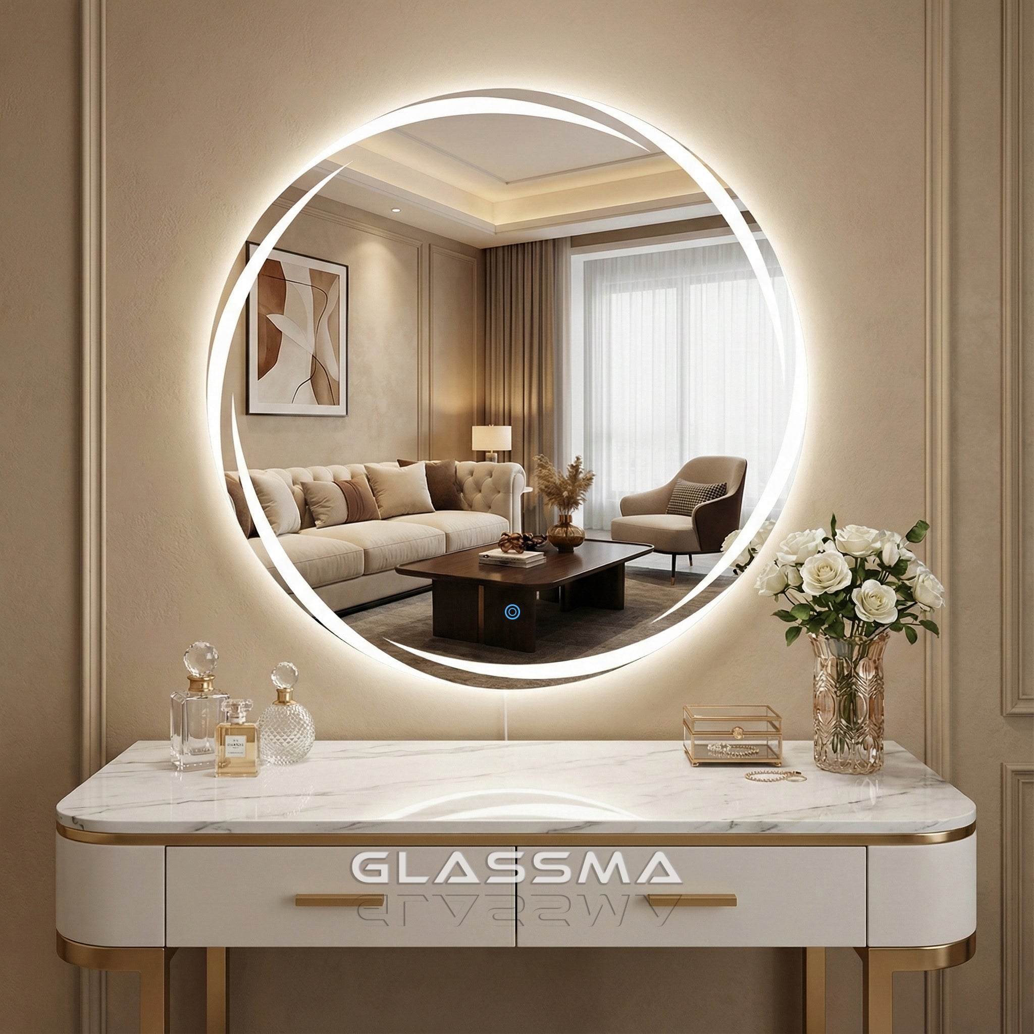 Round LED Bathroom Mirror | Frameless Dimmable Vanity Led Mirror with Frosted Whirlwind Design