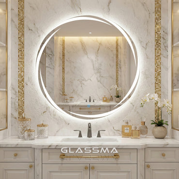 Round LED Bathroom Mirror | Frameless Dimmable Vanity Led Mirror with Frosted Whirlwind Design