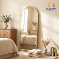 Modern Arch-Top Standing Mirror | Semi-Round Rectangular Golden Aluminum Frame Floor Mirror