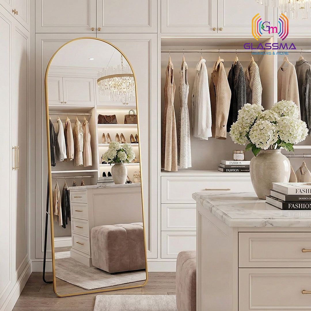 Modern Arch-Top Standing Mirror | Semi-Round Rectangular Golden Aluminum Frame Floor Mirror