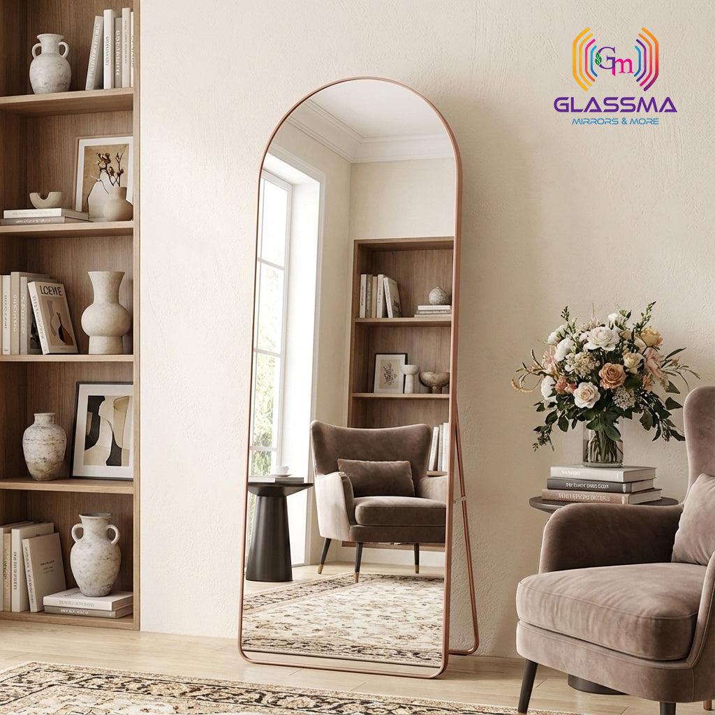 Modern Arch-Top Standing Mirror | Semi-Round Rectangular Rose Gold Aluminum Frame Floor Mirror
