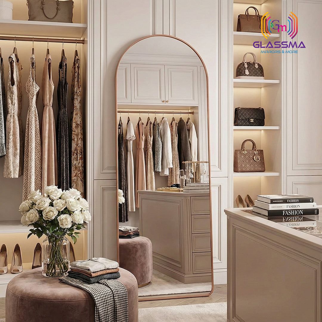 Modern Arch-Top Standing Mirror | Semi-Round Rectangular Rose Gold Aluminum Frame Floor Mirror