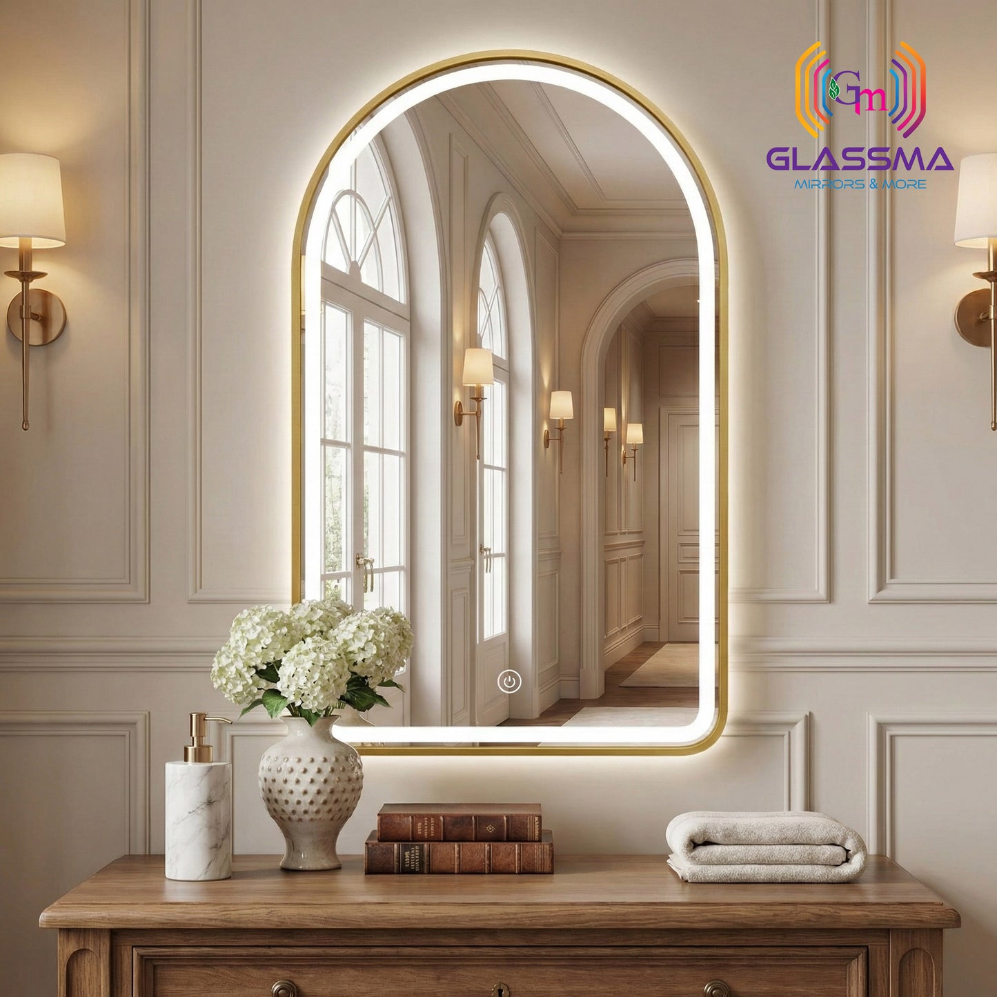 Semi-Round LED Dimmable Wall Mirror - Front-Lit Golden Aluminum Frame Vanity Mirror