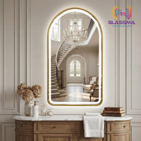 Semi-Round LED Dimmable Wall Mirror - Front-Lit Golden Aluminum Frame Vanity Mirror