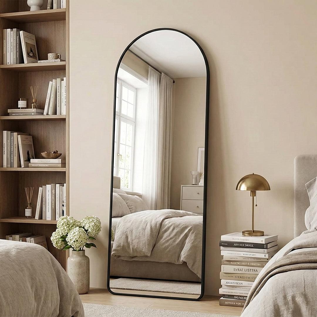 Modern Arch-Top Standing Mirror | Semi-Round Rectangular Black Aluminum Frame Floor Mirror