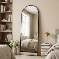 Modern Arch-Top Standing Mirror | Semi-Round Rectangular Black Aluminum Frame Floor Mirror