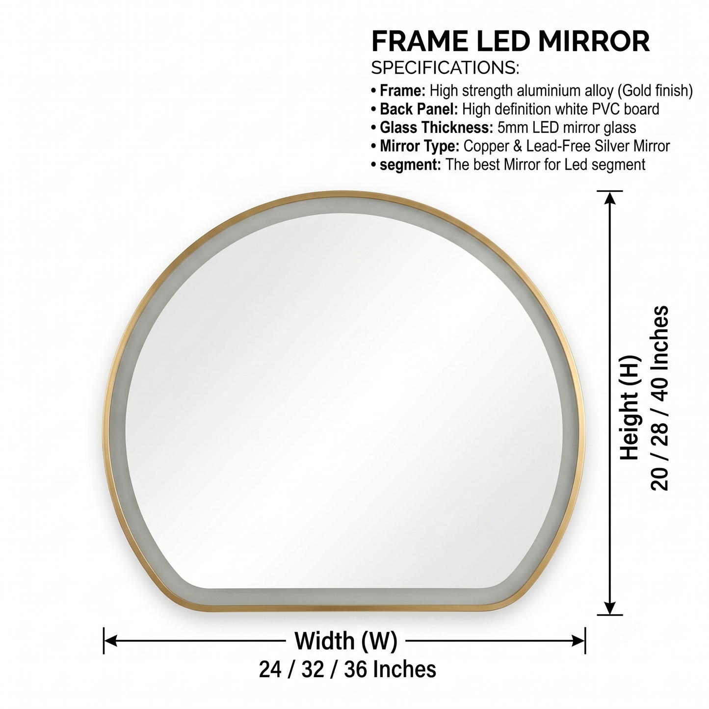 Modern Semi-Circle LED Vanity Mirror - Golden Frame Wall Mirror