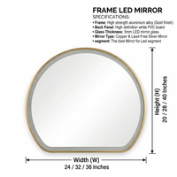 Modern Semi-Circle LED Vanity Mirror - Golden Frame Wall Mirror