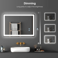Rectangle LED Wall Mirror, Frameless Backlit Vanity Mirror with Rounded Corners & Touch Sensor Dimmable Lighting
