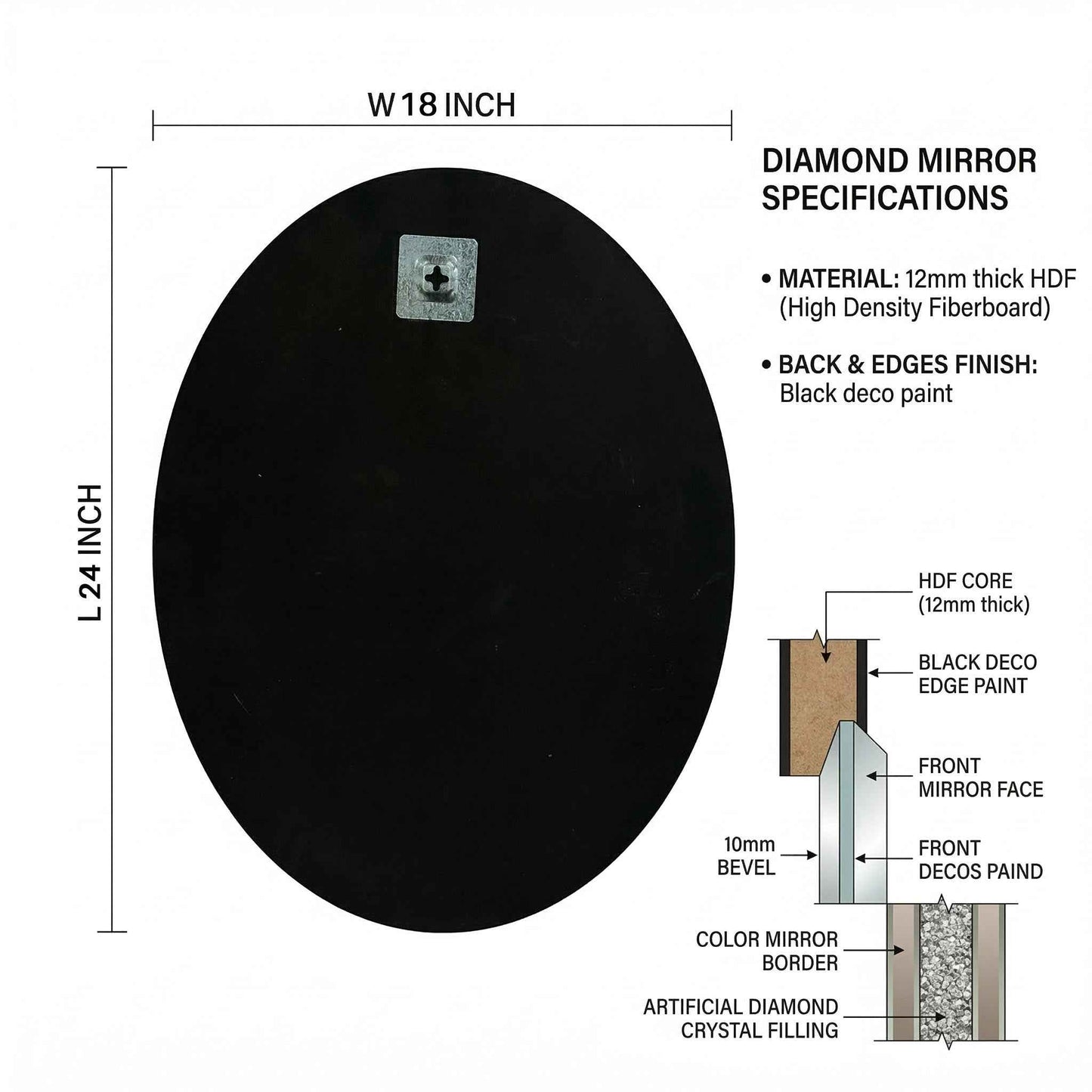 Diamond Oval Mirror - Decorative Black Frame Wall Mirror with Crystal Accent