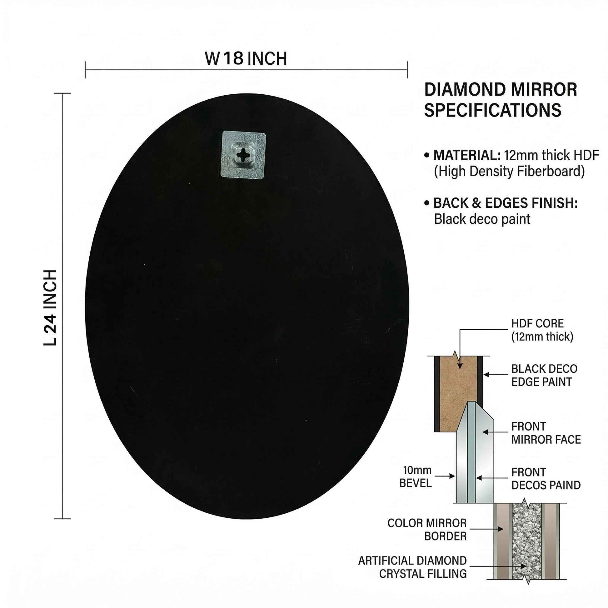 Diamond Oval Mirror - Decorative Black Frame Wall Mirror with Crystal Accent