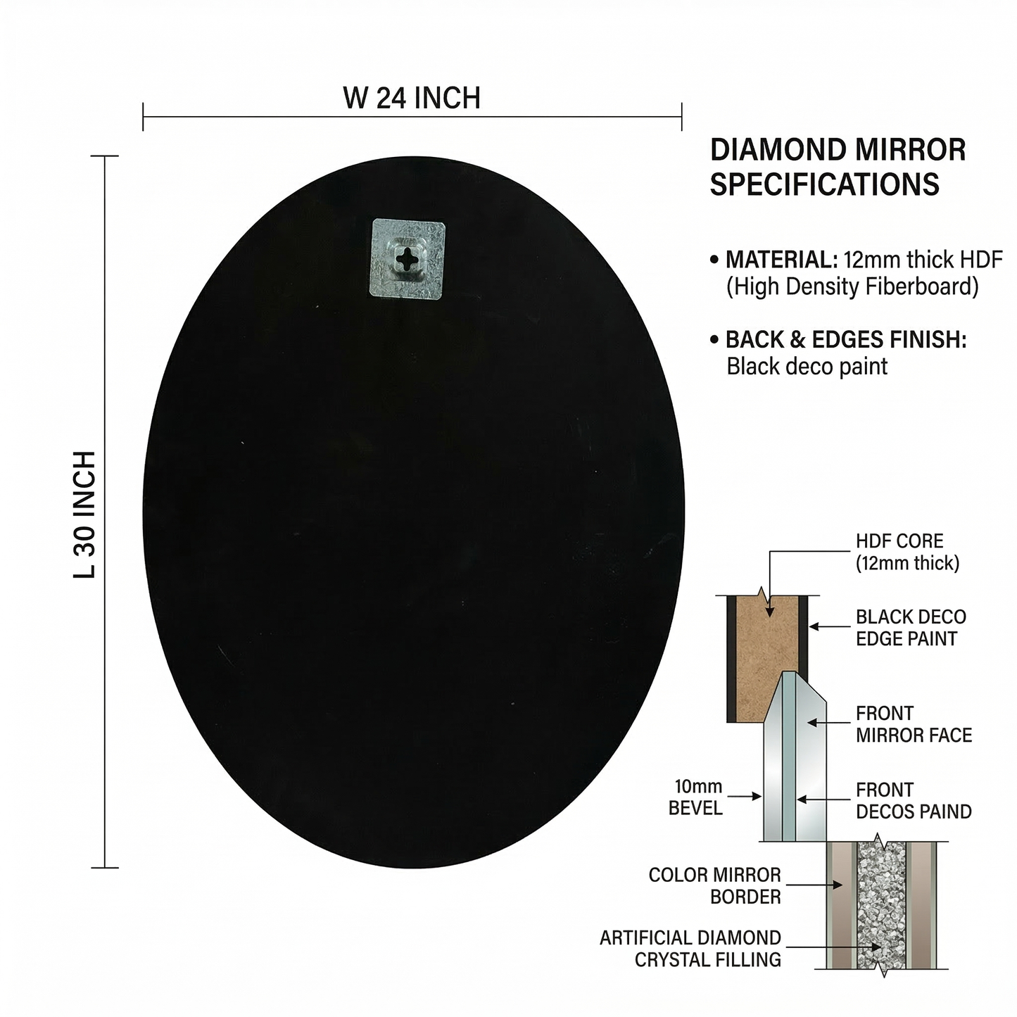 Diamond Oval Mirror - Decorative Gold Frame Wall Mirror with Crystal Accent Glassma